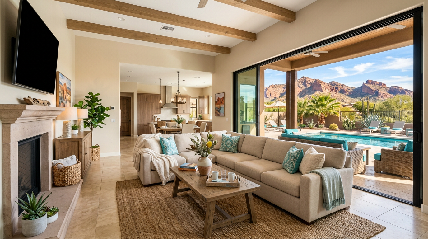 Mid-page photorealistic scene of a cozy furnished living room in an Arizona vacation home. The image shows a bright open-p...