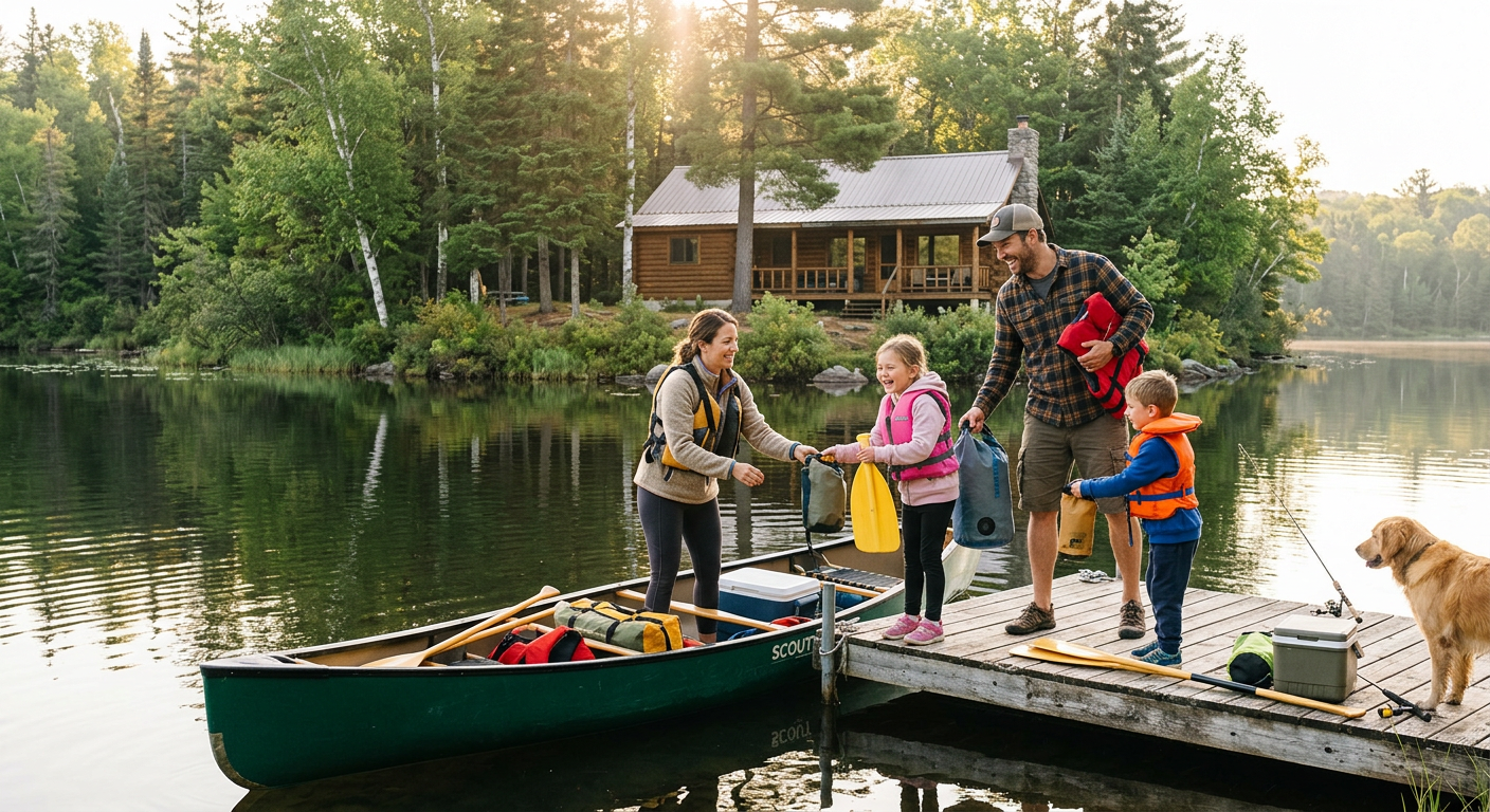 A photorealistic mid-page scene showing a family loading a canoe at a small wooden dock, the cabin visible through trees i...