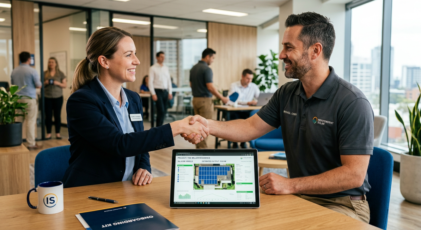 Independent Solar | Solar Dealer Program Benefits For B2B Partners And Commercial Sellers Photorealistic mid-shot of a dealer onboarding session, dealer rep shaking hands with an Independent Solar project manager...