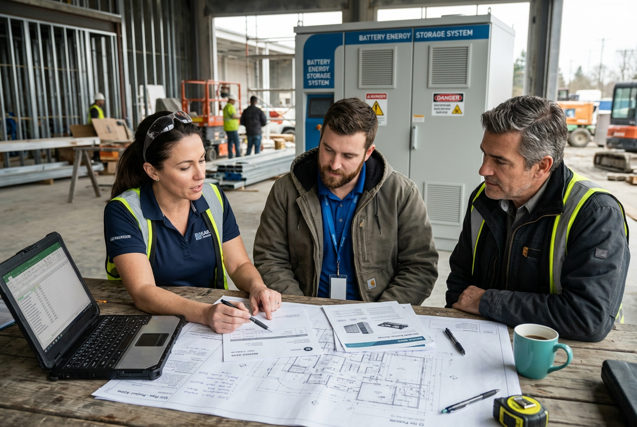 In-content photorealistic close-up of a commercial project team meeting at a construction site: project manager reviewing ...
