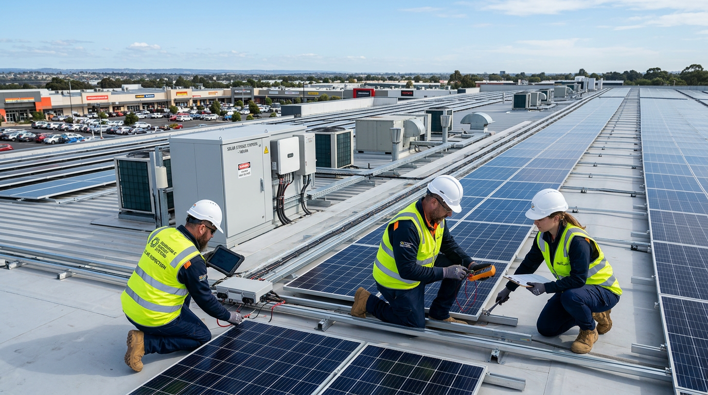Close-up photorealistic shot of a commercial rooftop array over a retail center with technicians inspecting panels and a b...