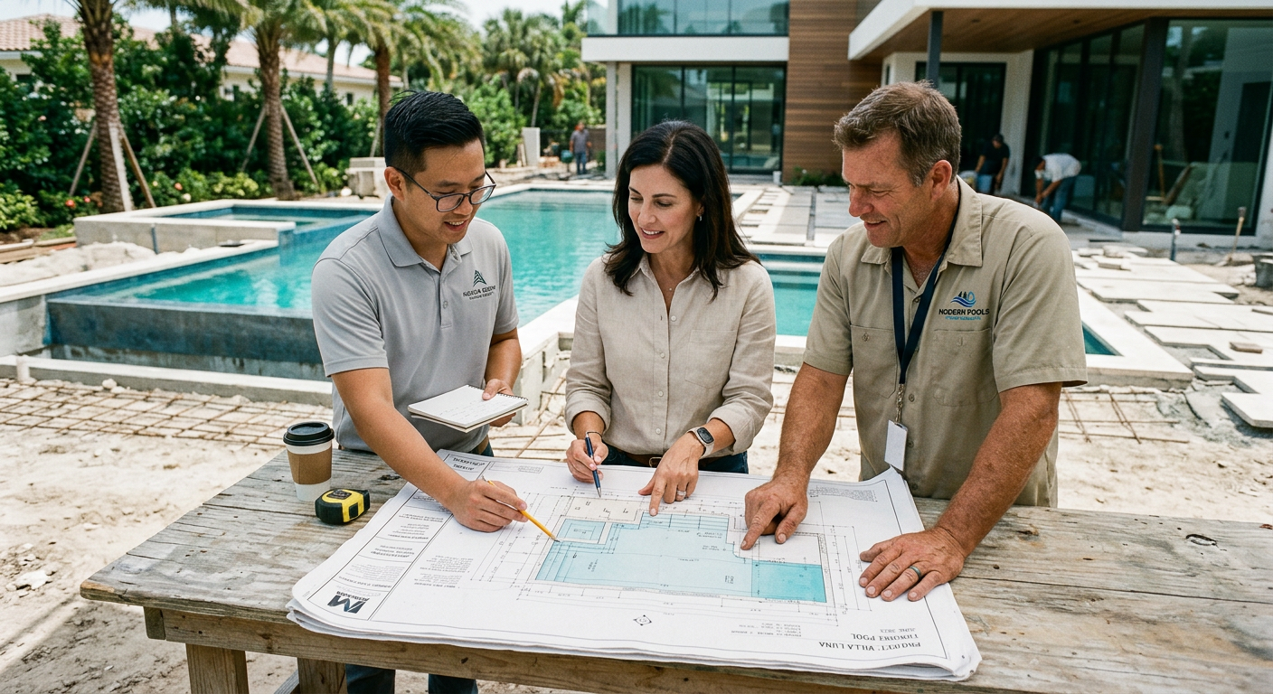 Photorealistic mid-day photo of craftsmen and designers reviewing a pool plan on-site, modern luxury backyard in backgroun...