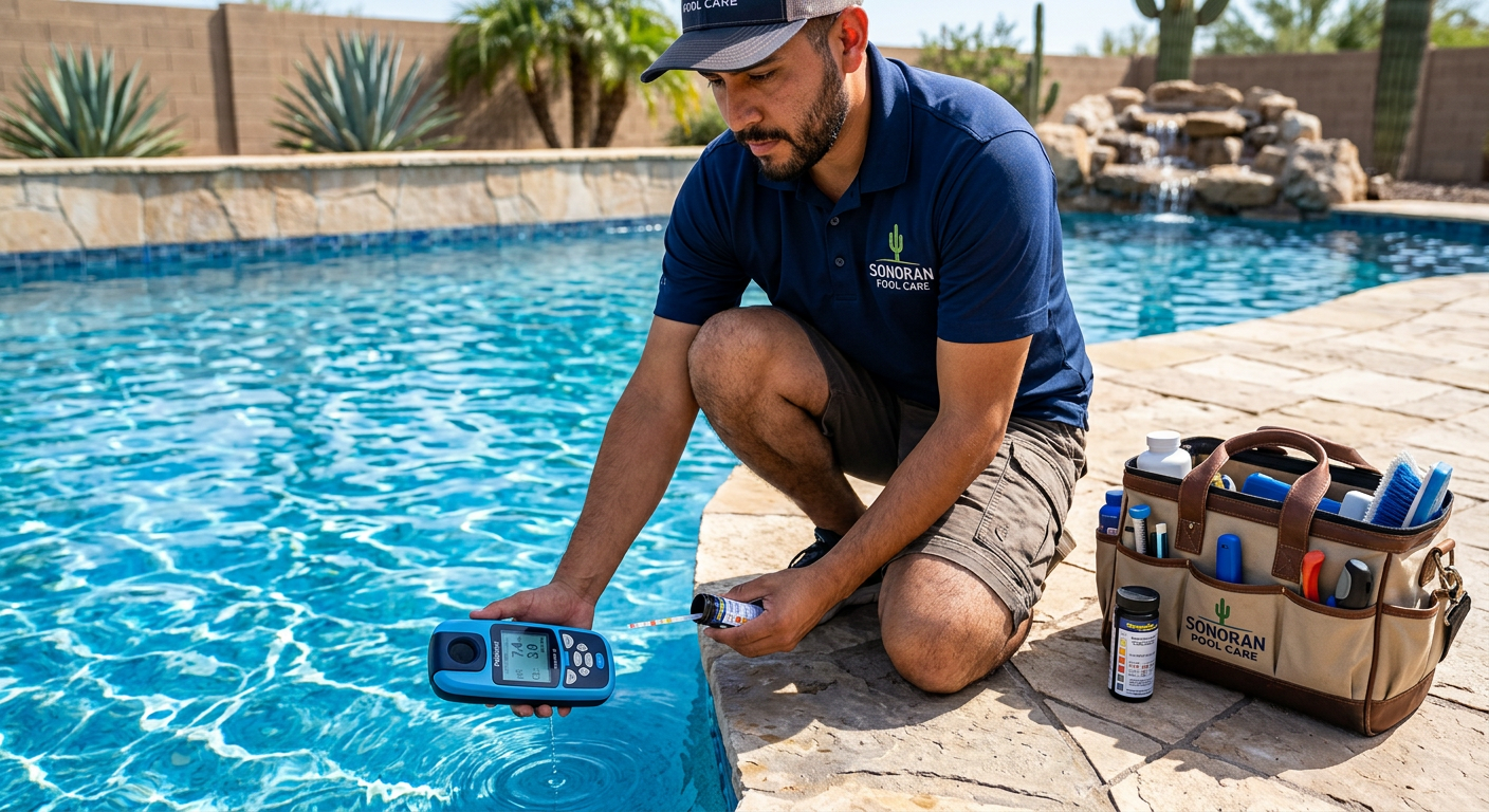 Close-up photorealistic shot of a Sonoran-style pool technician testing water with modern digital test strips and handheld...