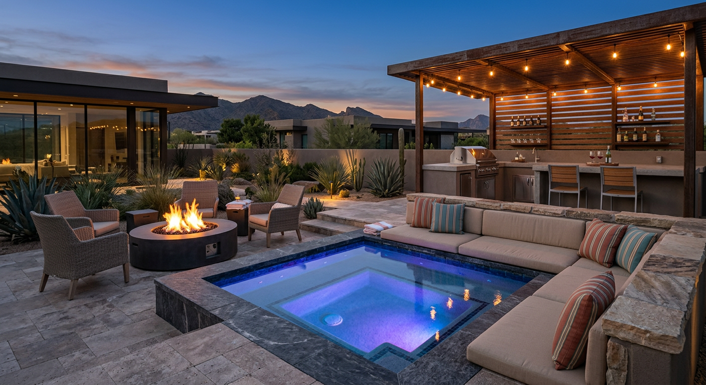 A photorealistic mid-shot of a poolside living area featuring a custom spool with stone coping, built-in lounge bench, LED...
