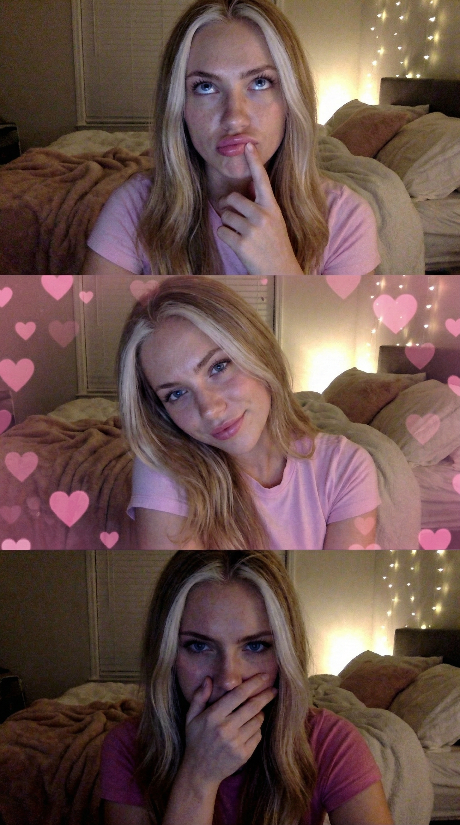 Generate images: Create a low-resolution vertical webcam photo in a 3x1 grid with a 3:4 aspect ratio using the character in the picture. The photo should fill the canvas without borders with a photobooth vibe. The screen light is warm and dim, with a grainy/noisy style and a simple, cozy bedroom background.
First grid: Exaggerated pout, finger near the lips, pink tshirt top.
Second grid: Shy/flirtatious tilt, soft expression, pink heart pattern overlay.
Third grid: Dramatic late-night pose, dark pink tshirt top, hand near the mouth.
The character's clothing and appearance are consistent. | User Input: N/A