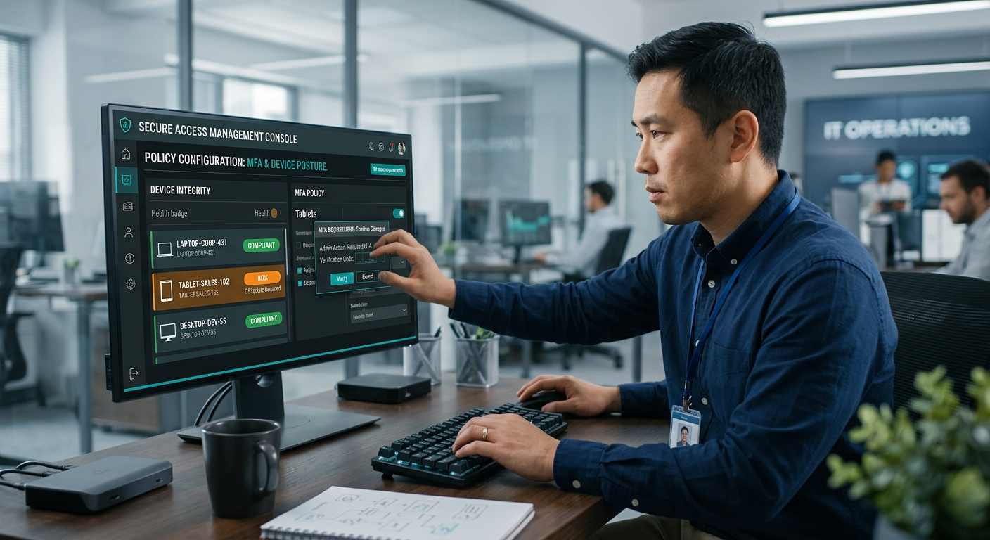 Photorealistic mid-shot of an IT administrator configuring multi-factor authentication and device posture checks on a mana...