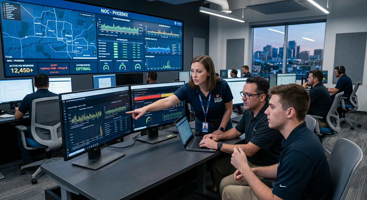A clean, photorealistic mid-content image of a Phoenix-based managed services team in a modern operations center monitorin...