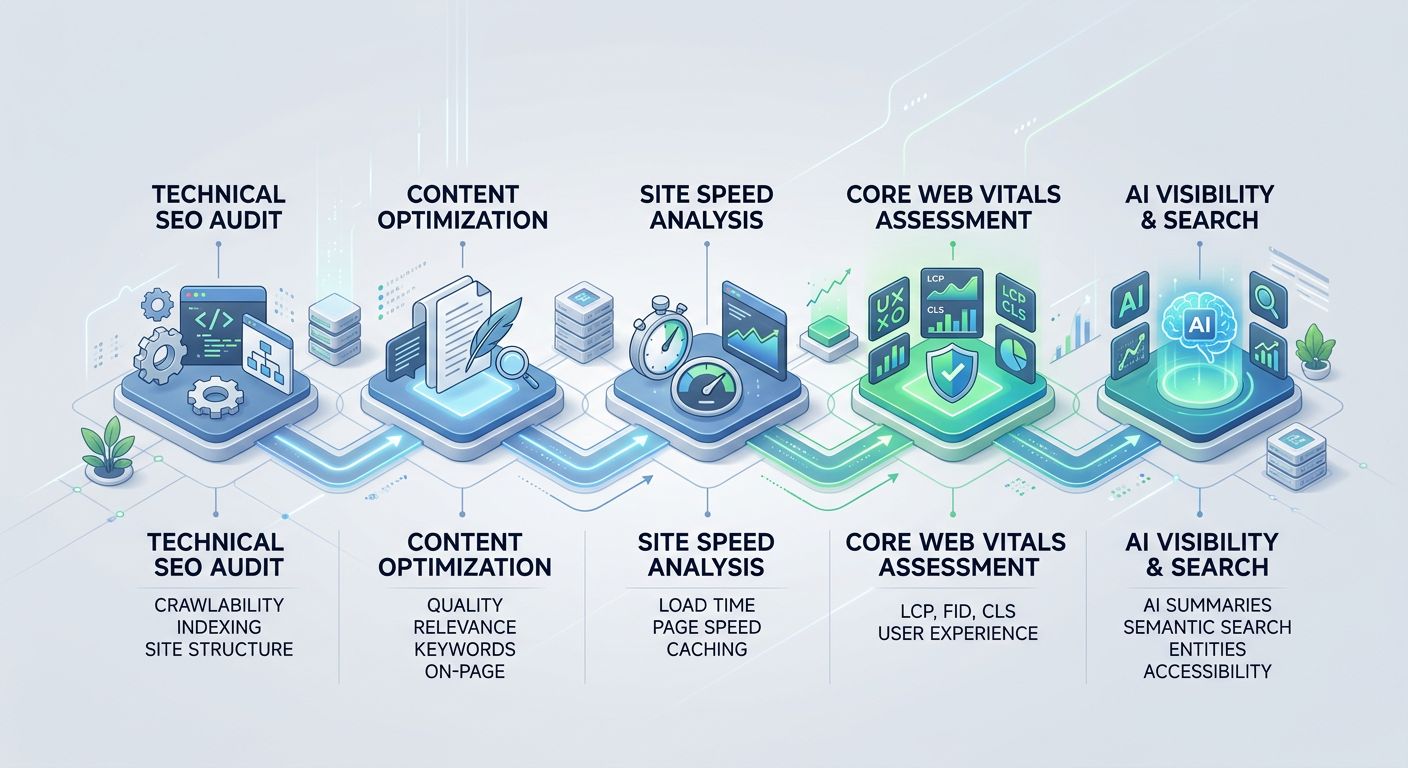 Clean isometric illustration of an audit process flow, showing icons for technical SEO, content, speed, Core Web Vitals, a...
