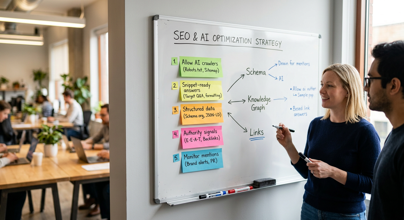 In-content image of a middle-distance modern office whiteboard scene showing a 5-step checklist sketched on sticky notes: ...