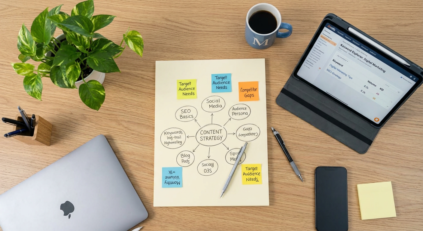 Mid-article photorealistic image of a single content marketer at a tidy desk, sketching a keyword map on a notepad with st...