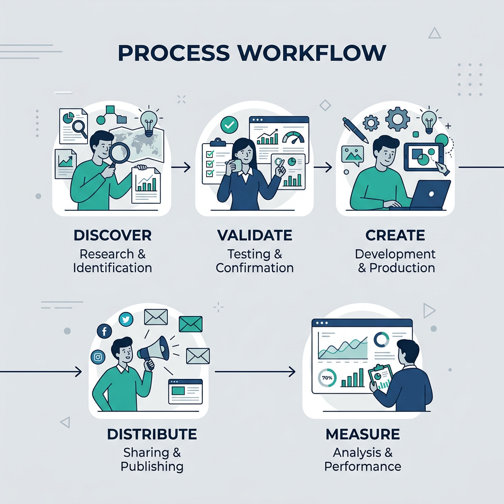 In-content illustrative image showing a simple flowchart of the process: discover, validate, create, distribute, measure; ...
