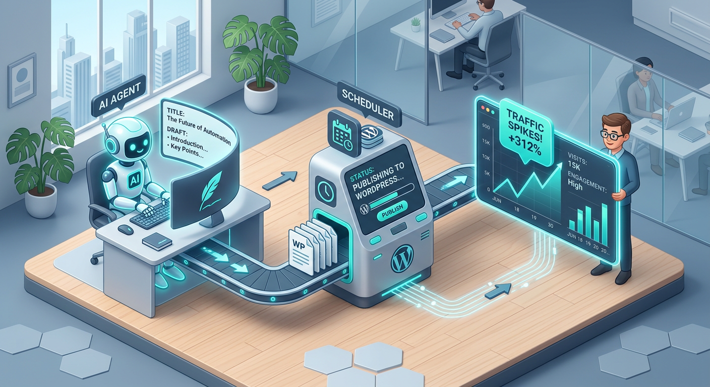 Clean isometric 3D scene showing an automated content workflow: AI agent drafting a blog post, a scheduler publishing to W...