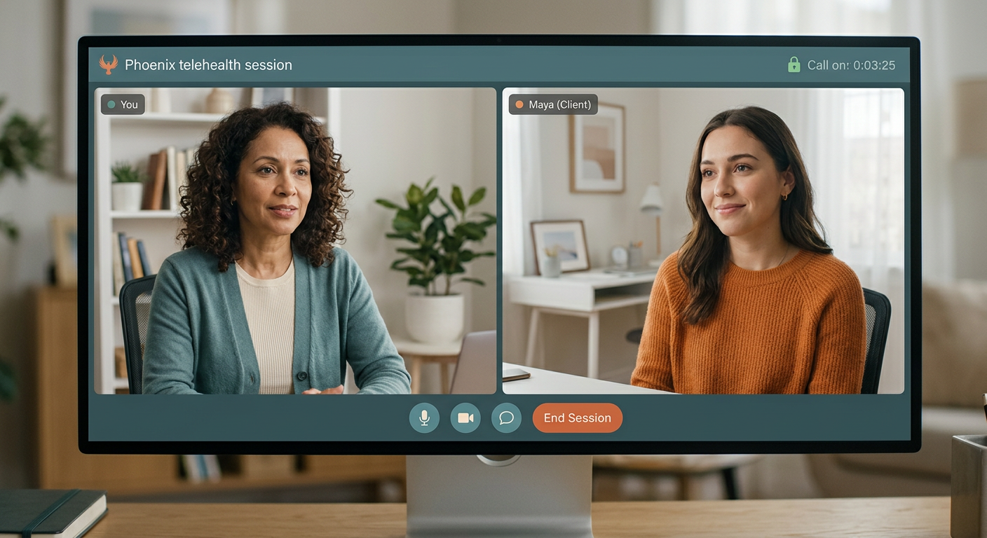 A photorealistic mid-shot of a therapist and client on separate screens, split-screen composition, warm and professional m...