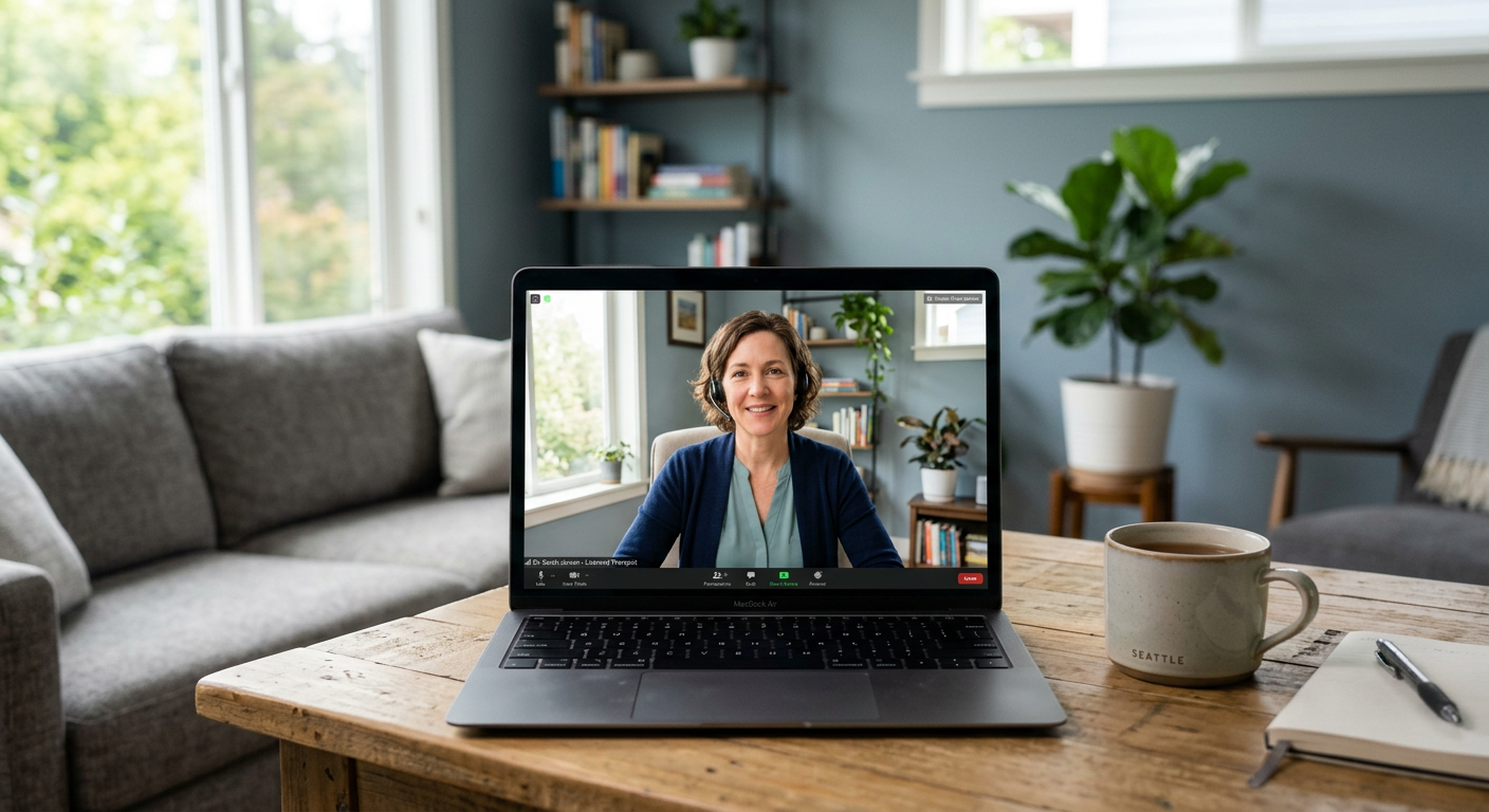 A photorealistic middle-shot of a licensed therapist on a laptop screen during a comfortable telehealth session, modern ho...