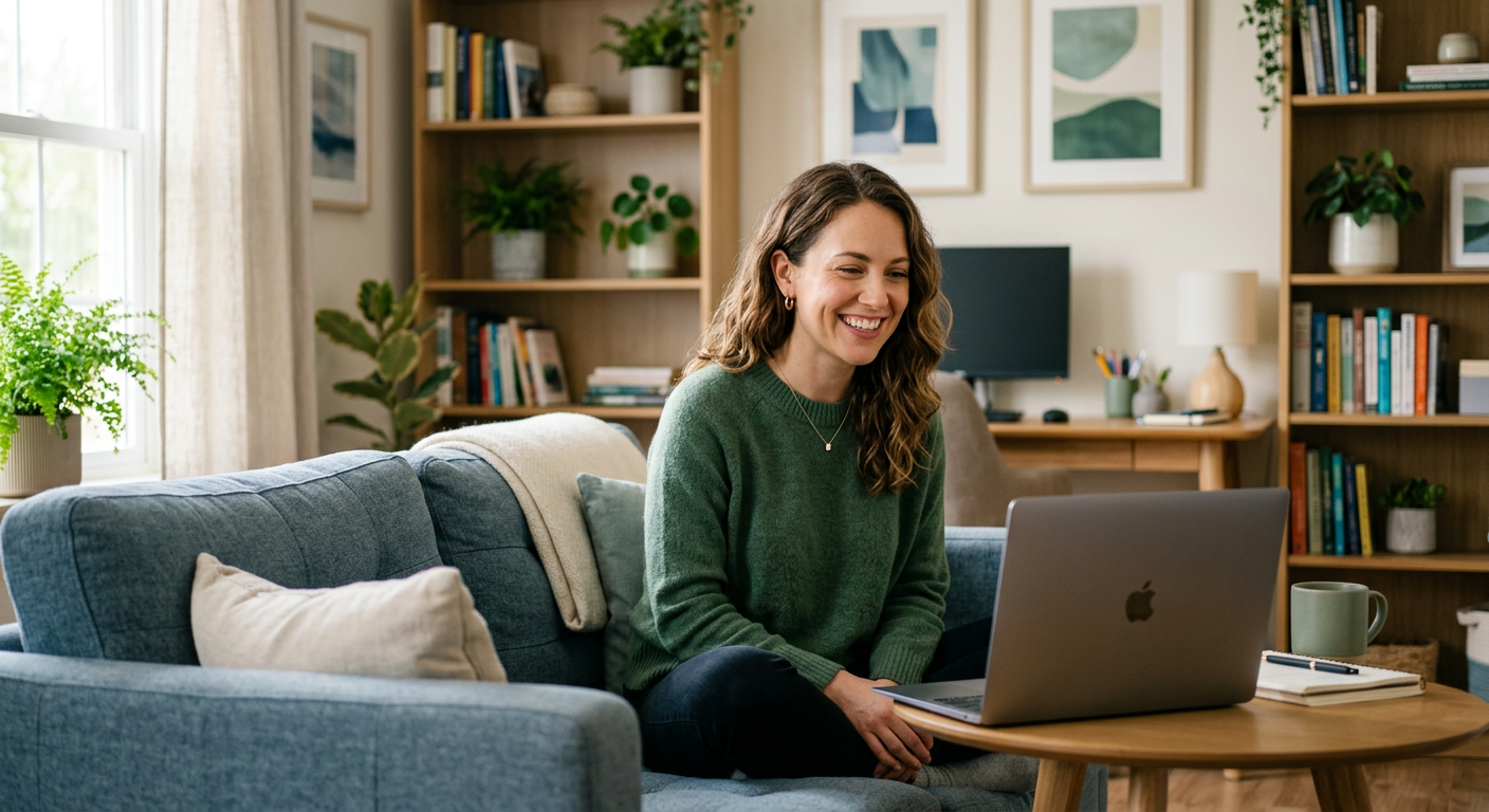 Photorealistic mid-body image of a single person sitting comfortably on a sofa in a quiet home office, laptop on a small t...