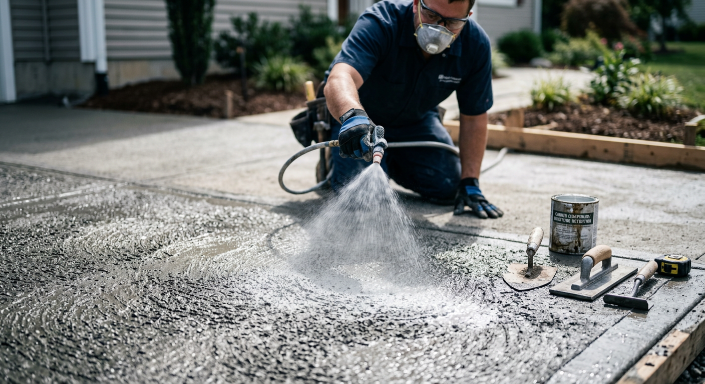 Photorealistic close-up shot of a contractor spraying a curing compound on fresh concrete, showing texture of the surface ...