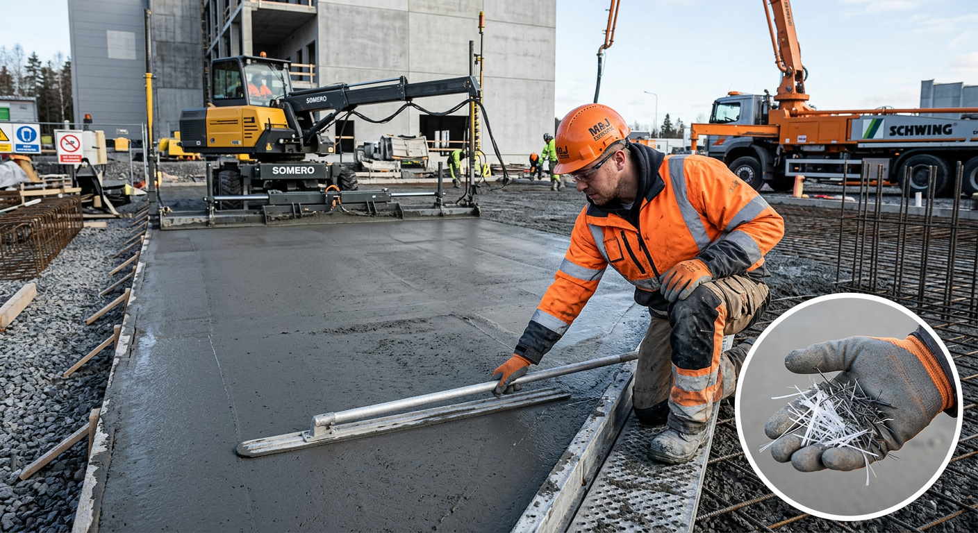 Close-up photorealistic image of a contractor finishing a slab with a laser screed and pump truck in the background; inset...
