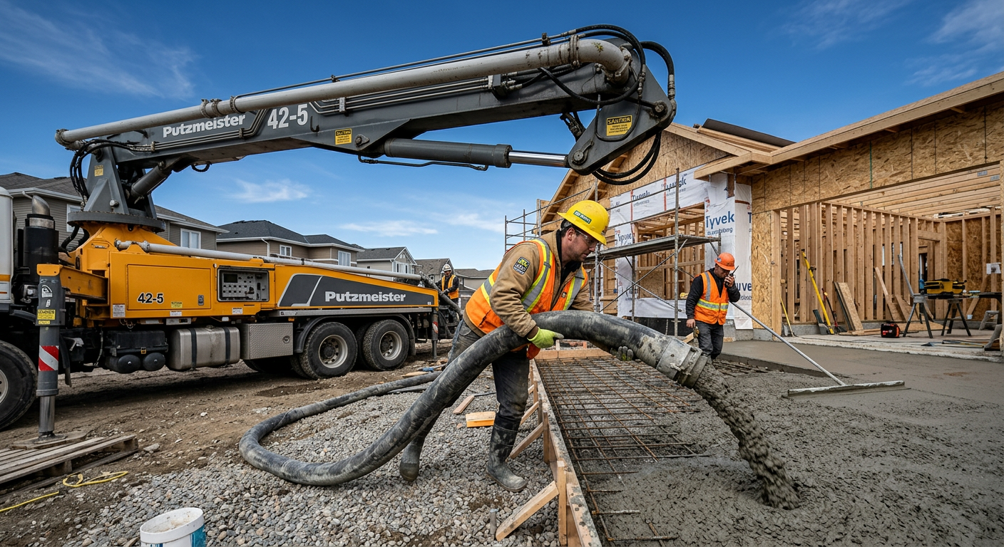 Photorealistic mid-shot of a boom pump truck in operation on a residential site, close-up on the hydraulic boom and flexib...