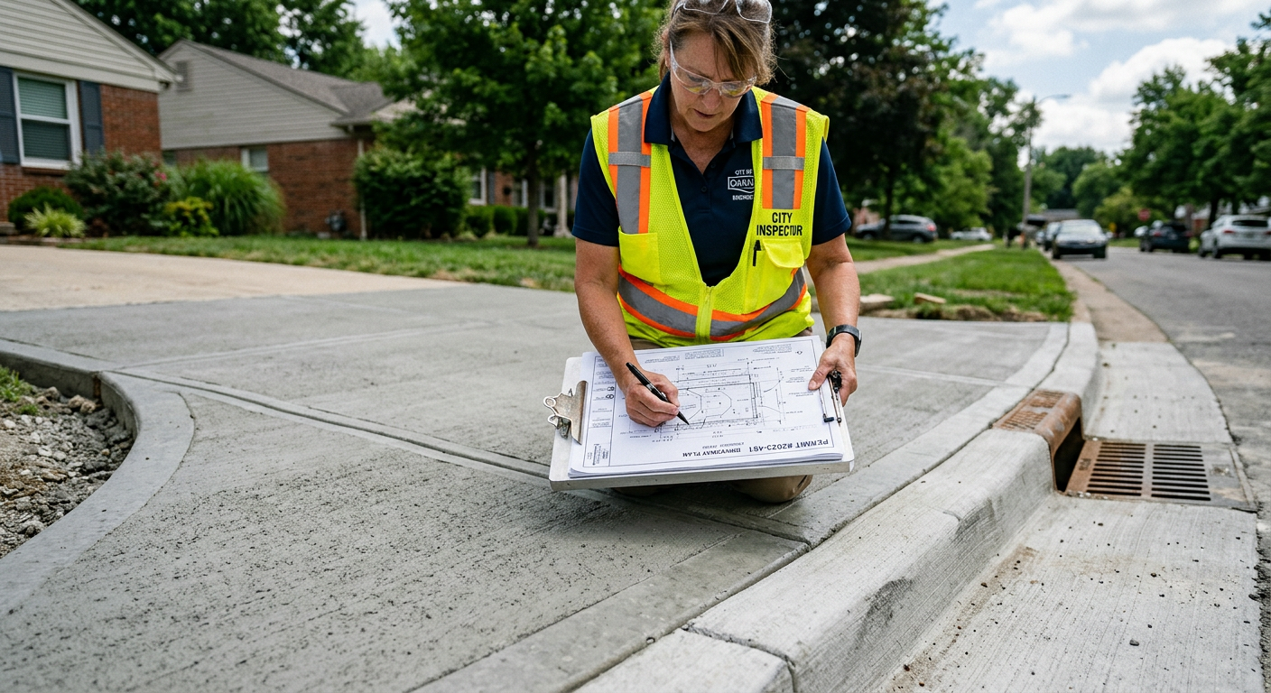 Photorealistic mid-article photo showing a close-up of a new concrete driveway apron and sidewalk interface, with a city i...