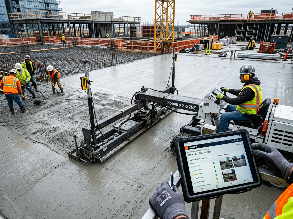 Mid-page photorealistic image showing a close-up of a laser screed smoothing a freshly placed commercial slab, overhead wi...
