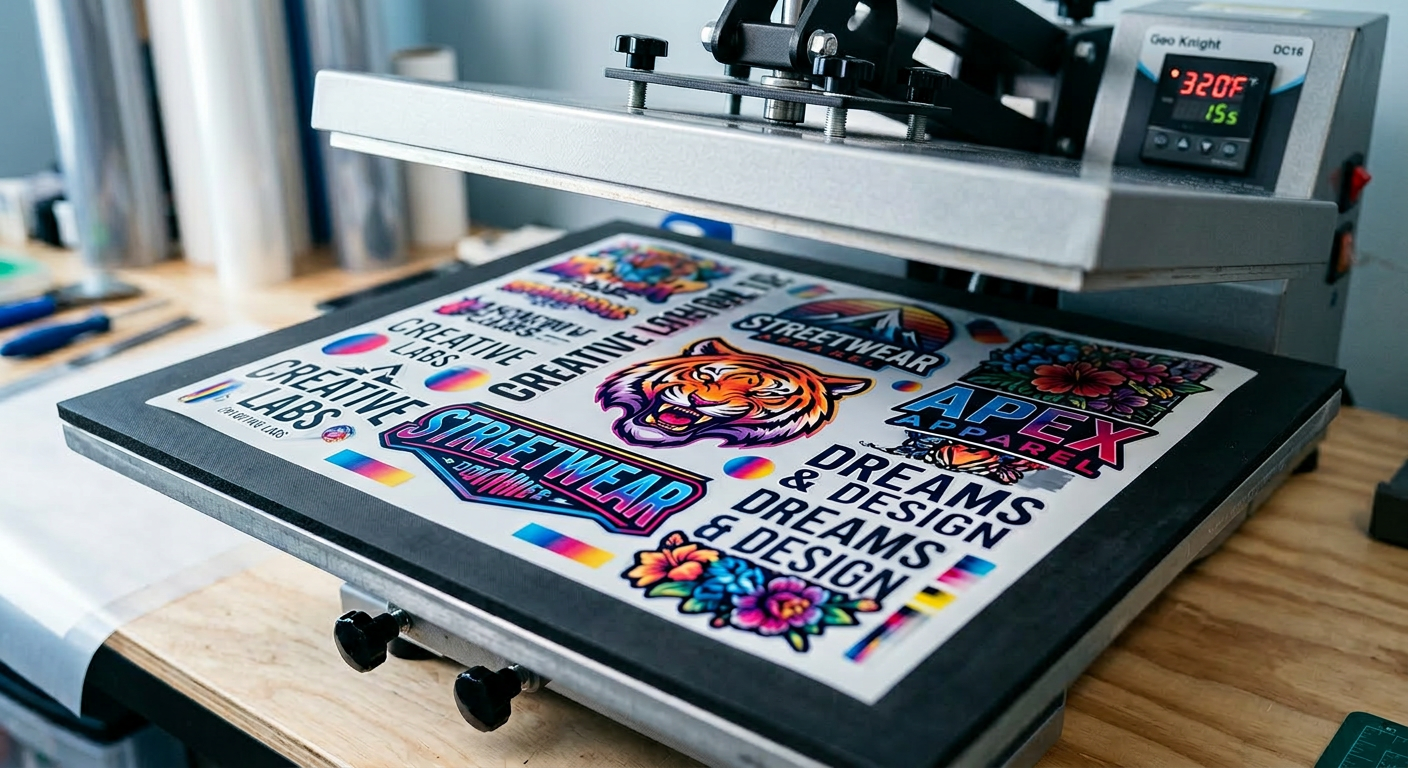 Close-up photorealistic shot of a DTF gang sheet on a heat press, showing saturated CMYK gradients, white underbase detail...