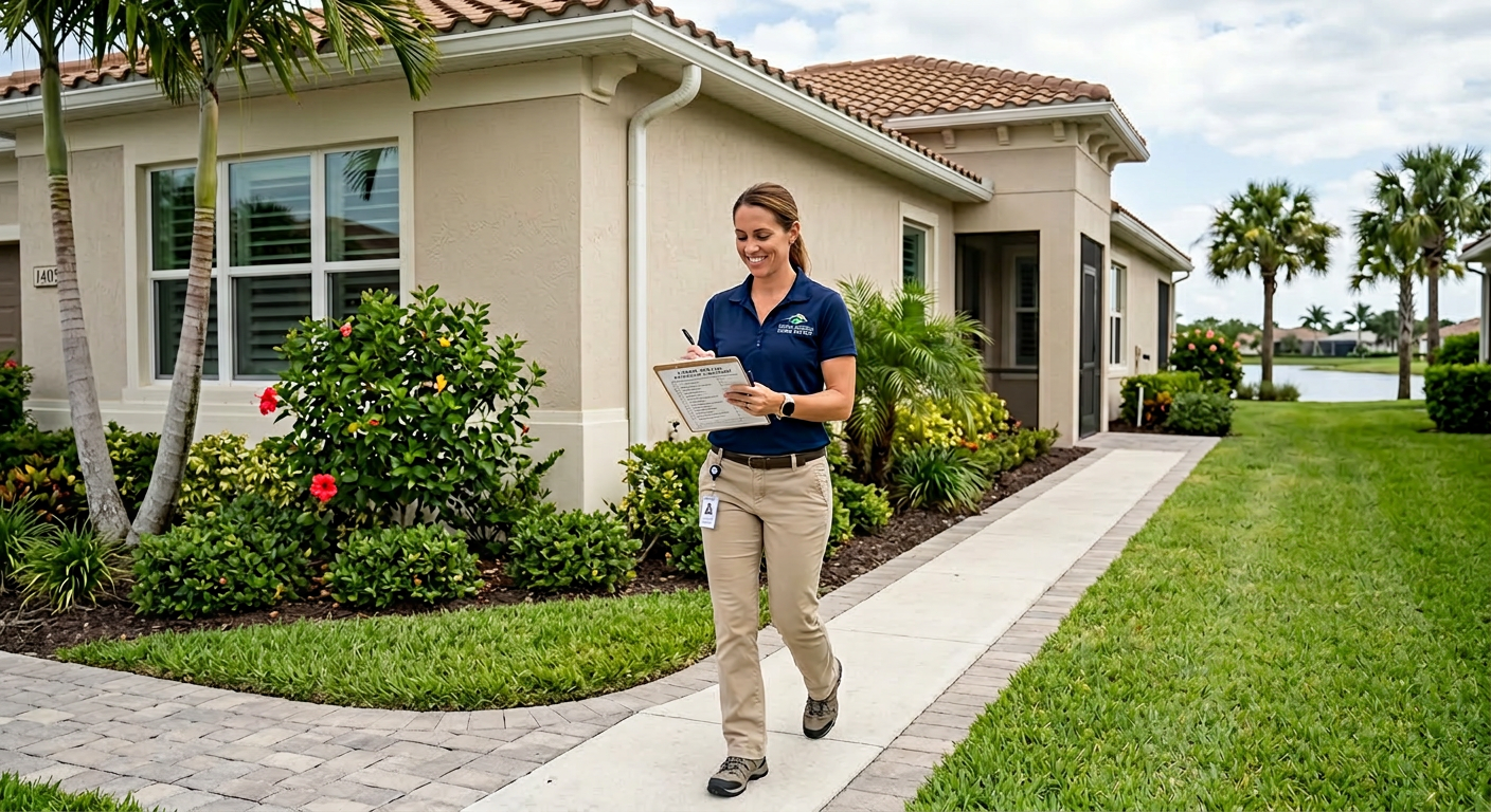 A clean, photorealistic mid-shot showing a home watch professional walking a property exterior checklist beside a Lake Wor...