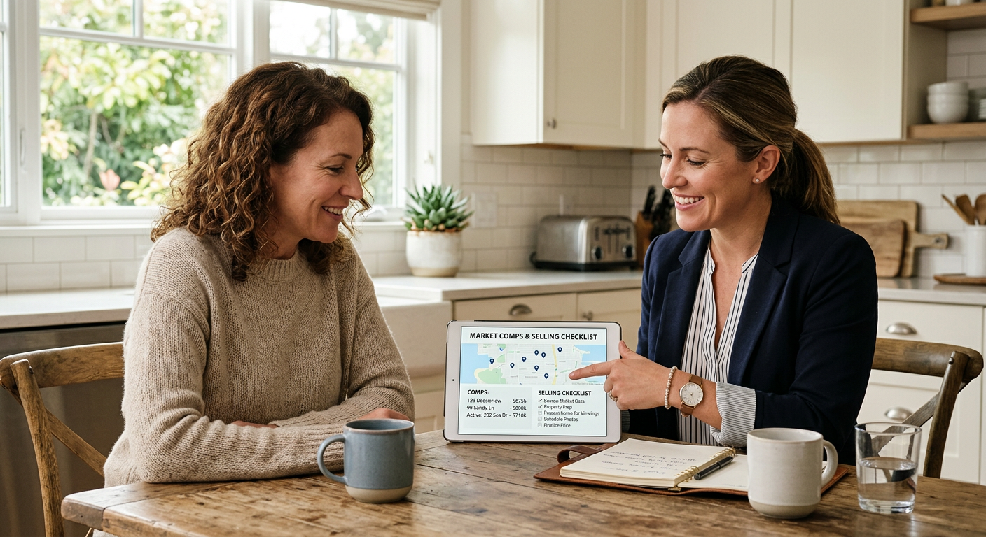 Photorealistic mid-article shot of an agent consulting with a homeowner at a kitchen table, pointing at a tablet showing m...
