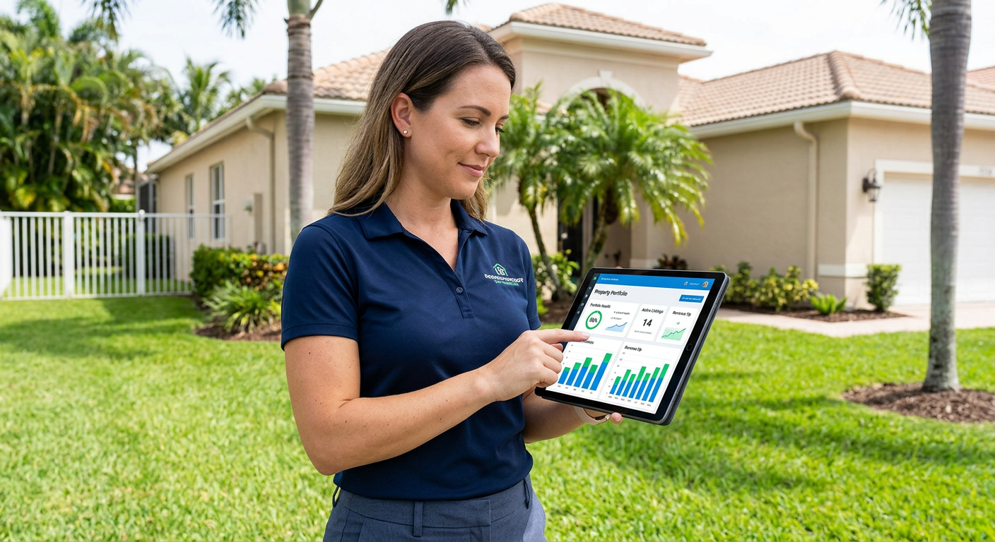 Photorealistic mid-depth scene of a property manager reviewing a portfolio dashboard on a tablet while standing in a well-...