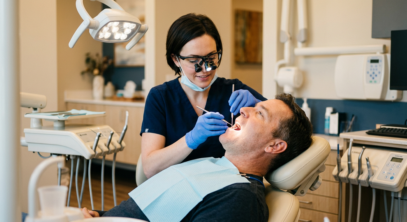 In-content photorealistic image of a female dentist performing a gentle dental exam on an adult American patient, close-up...
