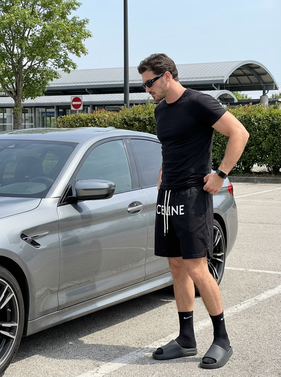 Subject : [blank] Ultra-realistic iPhone 14 Pro Max rear main camera photo at 1x, 24mm equivalent, f/1.78, natural Apple ProRAW look, vertical 9:16, showing the exact same young man standing beside a metallic gray luxury sedan in an outdoor parking area under clear midday daylight, with the framing capturing him nearly full length from head to feet on the right side of the image while the car fills most of the left and center frame, the front wheel cropped off at the far left edge and the rear wheel visible near the right rear of the car; preserve the exact pose with his body turned in clean side profile facing left toward the driver-side door, neck slightly bent forward, chin lowered, gaze directed down toward the car door and window reflection, expression neutral and composed, posture relaxed with a slight forward lean from the shoulders, right hand hooked casually into the waistband or pocket area of his loose black shorts, left arm hanging down naturally with minimal bend, legs straight with a soft bend at the knees and feet planted apart in a casual stance; preserve his exact build, facial structure, skin tone, haircut, and styling, with dark brown hair cut short on the sides in a clean fade and fuller on top with rounded volume, black rectangular sunglasses, a small ear piercing visible, and a fitted black crew-neck T-shirt stretched naturally across the torso with realistic tension and soft fabric cling at the chest, waist, and sleeves; keep the loose knee-length black shorts with white drawstrings hanging at the center and large bold white CELINE lettering across the front, natural folds around the hips and thighs, a black smartwatch on the left wrist, black Nike crew socks with a white swoosh, and dark rubber slide sandals with matte texture; the car should retain the exact visual relationship and proportions, with smooth metallic gray paint, glossy reflections of sky and surroundings on the windows and doors, black multi-spoke wheels, a side vent detail with a small M badge near the front door area, and realistic panel lines, mirror housing, and door handle placement; preserve the surrounding environment with pale textured asphalt, a leafy green tree at upper left, dense green hedge behind the car, a tall dark pole rising near the subject, a red circular no-entry road sign with a white horizontal bar above and behind him, a second partial road sign cut off at the far left edge, and a large industrial or transit-style building in the background with a curved roof and glass-panel façade; lighting must be bright but natural with soft real-world shadow behavior, clean daylight color temperature, restrained smartphone dynamic range, subtle reflections in the car body and windows, crisp focus without artificial sharpening, no portrait mode blur, no cinematic blur, no fake bokeh, no glossy retouching, no editorial stylization, and no CGI feel, keeping the image raw, handheld, believable, and authentically smartphone-real. Maintain the exact appearance, face, and identity of the person from the provided reference image. Do not alter the face. | User Input: N/A