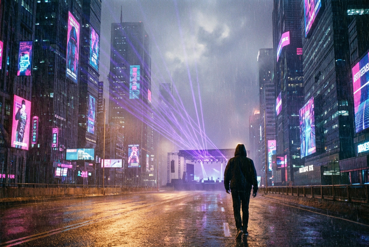 Neon-drenched futuristic cityscape at night for EDM visual