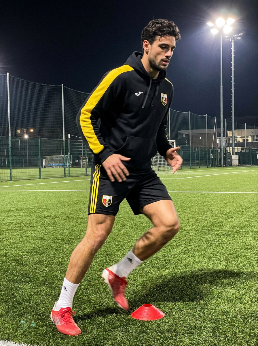 Subject : [blank]
The most real and human possible, create an image that looks like a quick iPhone back-camera portrait taken by a friend from the sideline at night (not a selfie), portrait orientation, aspect ratio 9:16; the subject keeps the exact look from the reference: a black athletic training pullover/hoodie with bold yellow stripe panels running down the sleeves and a small team-style crest patch on the chest, black training shorts with yellow striping and a small yellow text logo near the hem, white mid-calf sports socks, and red-and-white soccer cleats, captured mid-warmup step with arms slightly bent as they move past a small red training cone on an artificial-turf field with painted yard lines and a darker track border. There should be no clear subject or specific composition — just a casual, unintentional snapshot. It has slight, natural motion blur (especially on the moving foot and hands). No color grading, no stylization, no cinematic look. The tone must be neutral, not too cool, not too warm; the scene is lit by bright stadium lights with realistic night exposure (about 26mm equiv, f/1.8–f/2.2, 1/200–1/320s, ISO 800–1600). The background must be fully sharp and in focus — no bokeh, no depth-of-field effect, no portrait mode — showing the field fencing, light poles, and distant structures clearly. Framing: off-center, a bit crooked, part of the face sharply captured; it must not look AI-generated, but rather like it was taken by a real person. [DO NOT CHANGE SUBJECT/S' FACIAL FEATURES] | User Input: N/A