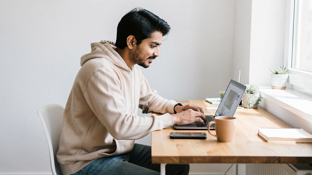 content creator at home office working on ai affiliate marketing for beginners (step-by-step tutorial)