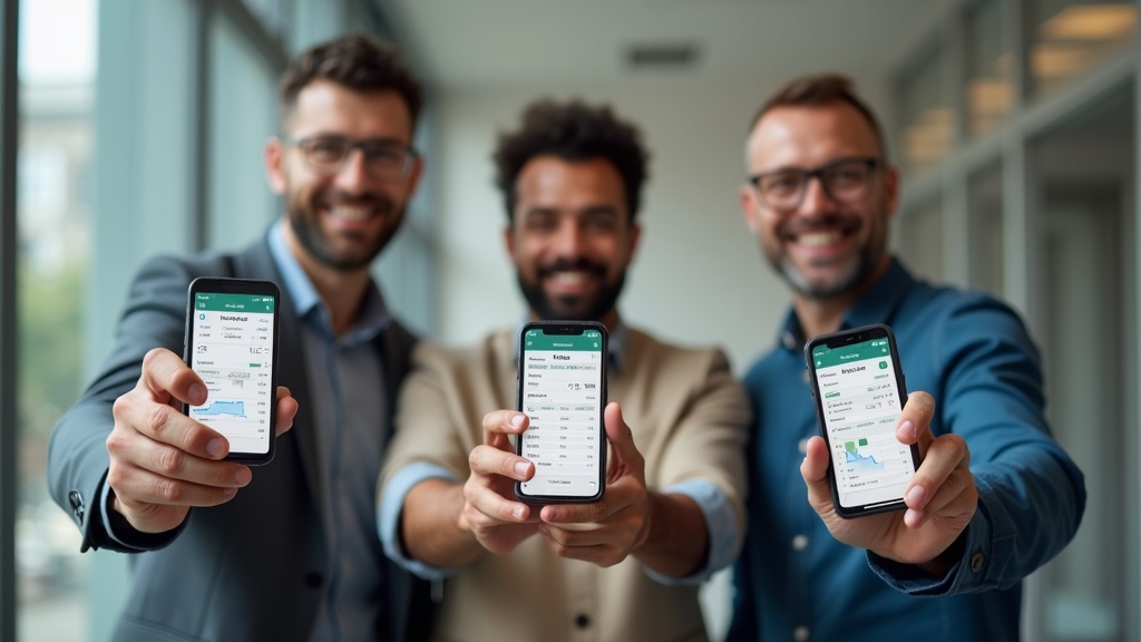 Three diverse investors holding mobile phones showing different investment portfolios