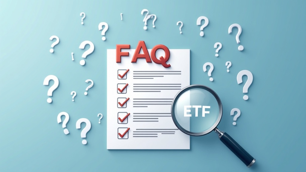 Concept of FAQ with question marks and magnifying glass focusing on ETF keywords