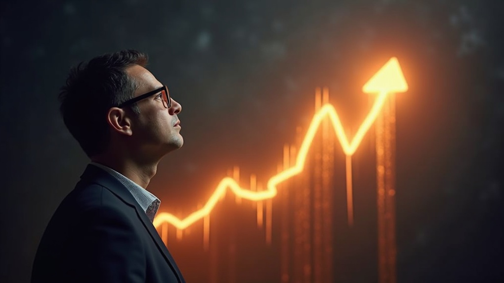 A successful investor looking at a glowing upward chart summarizing the ultimate investment goal