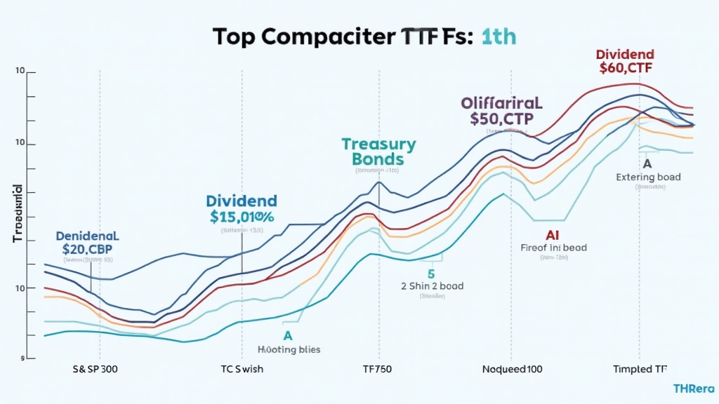 A sleek comparative infographic visualizing 5 different types of top-performing ETFs including S&P500, NASDAQ100, Dividend, AI, and Treasury bonds