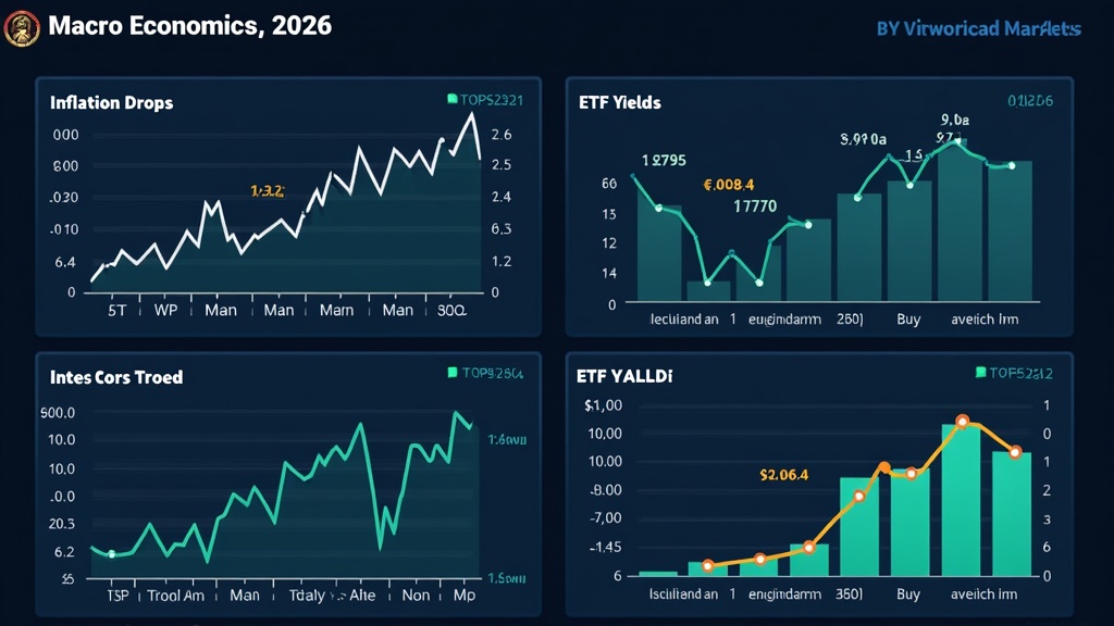 A dashboard highlighting market macro-economic factors in 2026, showing inflation drops, interest rate charts, and ETF yield responses