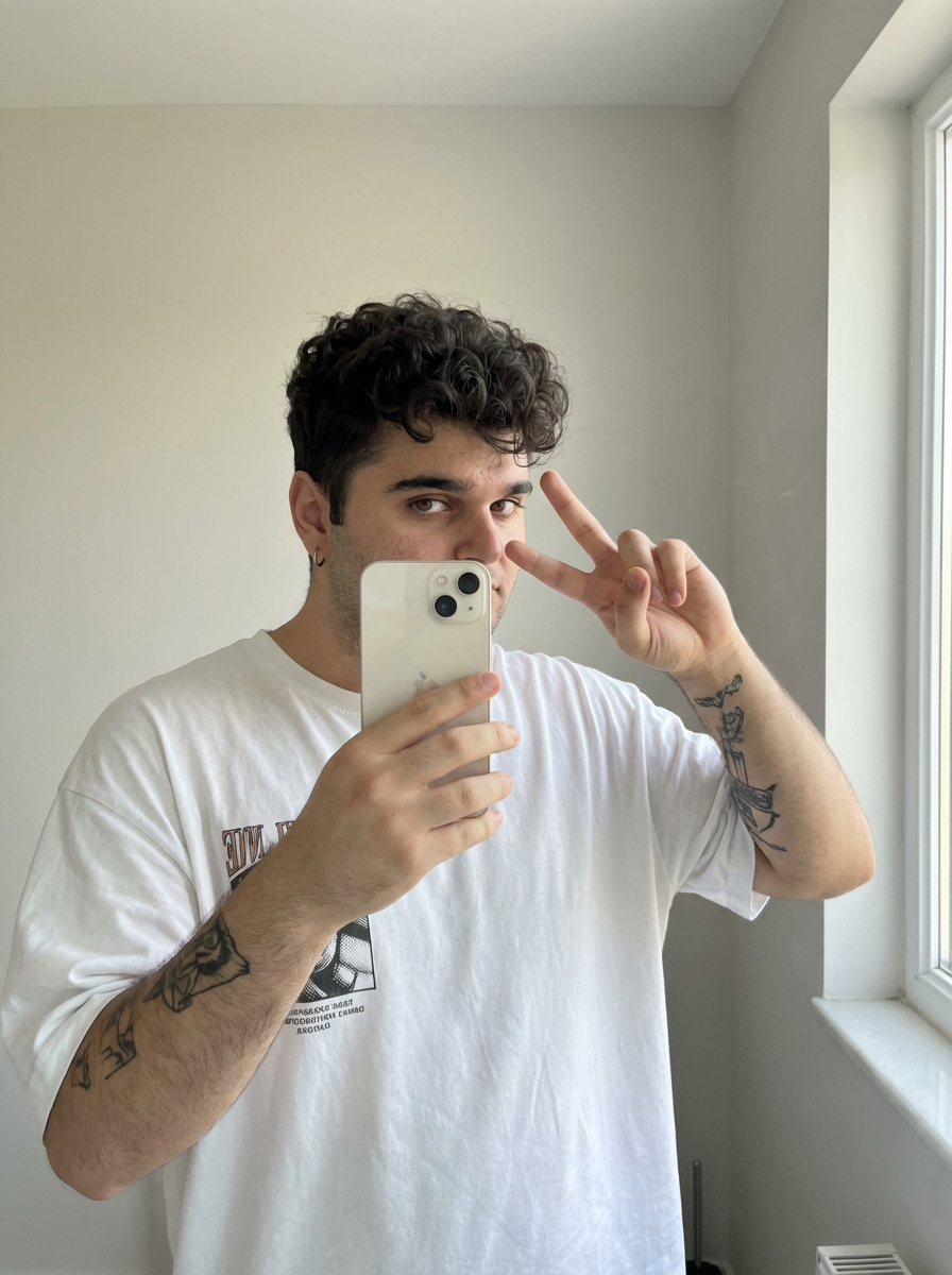 Subject : [blank] The most real and human possible, create an image that looks like a selfie taken with an iPhone in a mirror, captured in portrait orientation with a 2:3 aspect ratio. There should be no clear subject or specific composition — just a casual, unintentional snapshot. The subject holds a light-colored iPhone in one hand and raises the other hand in a relaxed peace sign near the face, standing slightly angled toward a simple bathroom mirror. Keep the exact look from the reference: an oversized white graphic T-shirt, a small hoop earring, and the visible black-ink tattoos covering both forearms, with the tattoo designs clearly preserved as part of the look. The setting is a minimal indoor bathroom with plain light walls, a clean mirror frame, and soft natural-looking ambient light that feels flat and real, like daylight coming through a nearby window. It has slight, natural motion blur from a quick handheld capture. No color grading, no stylization, no cinematic look. The tone must be neutral, not too cool, not too warm. The background must be fully sharp and in focus — no bokeh, no depth-of-field effect, no portrait mode. Framing: off-center, a bit crooked, part of the face sharply captured, with the phone partly blocking the torso in an ordinary mirror-snap composition. Use realistic iPhone camera behavior with subtle indoor softness, authentic skin and fabric texture, and natural mirror reflections. It must not look AI-generated, but rather like it was taken by a real person. [DO NOT CHANGE SUBJECT/S' FACIAL FEATURES] | User Input: N/A