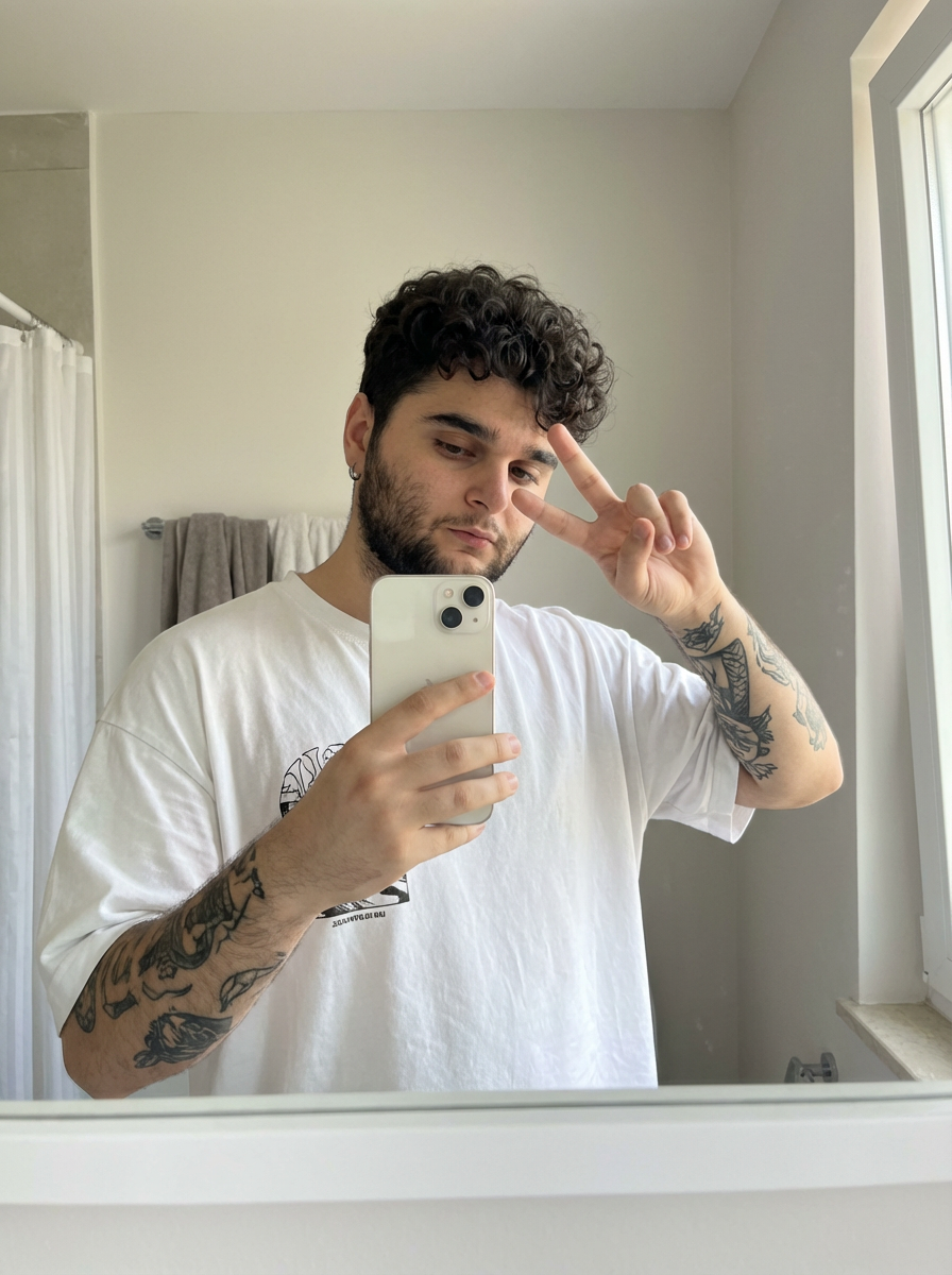 Subject : [blank] The most real and human possible, create an image that looks like a selfie taken with an iPhone in a mirror, captured in portrait orientation with a 2:3 aspect ratio. There should be no clear subject or specific composition — just a casual, unintentional snapshot. The subject holds a light-colored iPhone in one hand and raises the other hand in a relaxed peace sign near the face, standing slightly angled toward a simple bathroom mirror. Keep the exact look from the reference: an oversized white graphic T-shirt, a small hoop earring, and the visible black-ink tattoos covering both forearms, with the tattoo designs clearly preserved as part of the look. The setting is a minimal indoor bathroom with plain light walls, a clean mirror frame, and soft natural-looking ambient light that feels flat and real, like daylight coming through a nearby window. It has slight, natural motion blur from a quick handheld capture. No color grading, no stylization, no cinematic look. The tone must be neutral, not too cool, not too warm. The background must be fully sharp and in focus — no bokeh, no depth-of-field effect, no portrait mode. Framing: off-center, a bit crooked, part of the face sharply captured, with the phone partly blocking the torso in an ordinary mirror-snap composition. Use realistic iPhone camera behavior with subtle indoor softness, authentic skin and fabric texture, and natural mirror reflections. It must not look AI-generated, but rather like it was taken by a real person. [DO NOT CHANGE SUBJECT/S' FACIAL FEATURES] | User Input: N/A