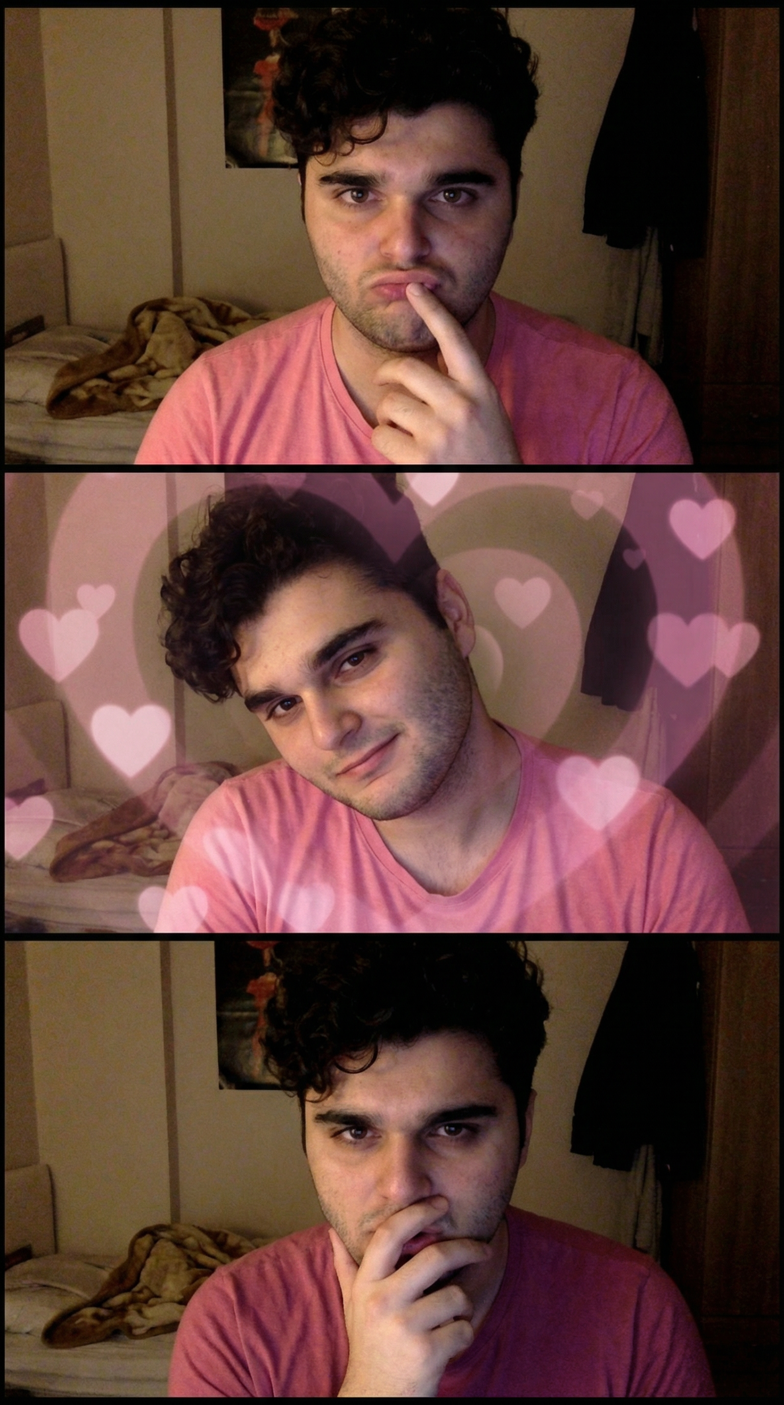 Generate images: Create a low-resolution vertical webcam photo in a 3x1 grid with a 3:4 aspect ratio using the character in the picture. The photo should fill the canvas without borders with a photobooth vibe. The screen light is warm and dim, with a grainy/noisy style and a simple, cozy bedroom background.
First grid: Exaggerated pout, finger near the lips, pink tshirt top.
Second grid: Shy/flirtatious tilt, soft expression, pink heart pattern overlay.
Third grid: Dramatic late-night pose, dark pink tshirt top, hand near the mouth.
The character's clothing and appearance are consistent. | User Input: N/A