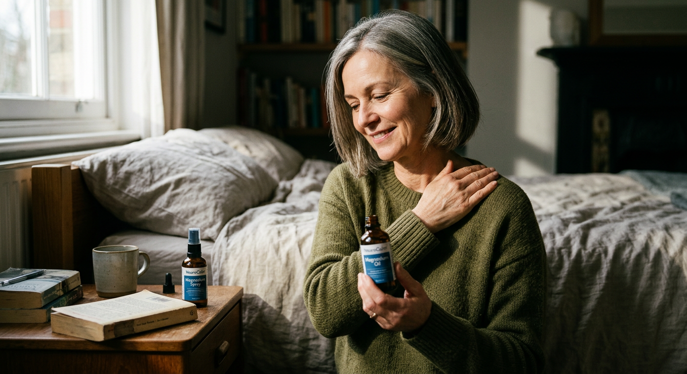 Woman applying topical magnesium spray to legs before bed