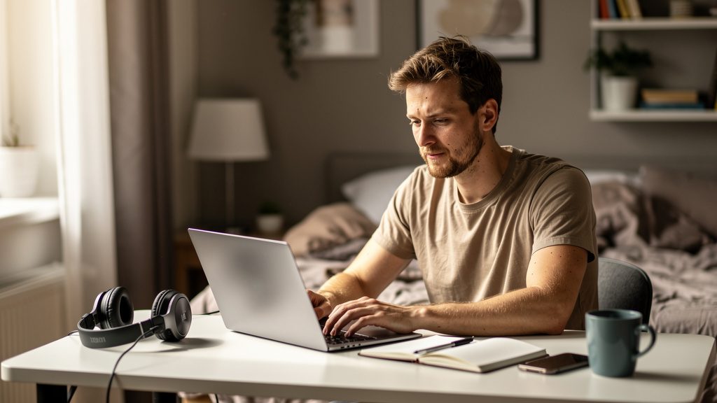 content creator at home office working on how to use ai to start a youtube channel that makes money