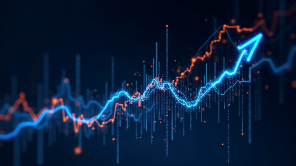 Abstract visualization of stock market growth with a focus on KOSDAQ and active ETF performance