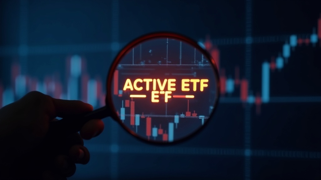 A magnifying glass over a glowing word ACTIVE ETF with stock charts in the background