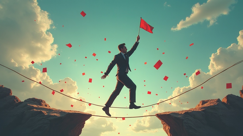 Conceptual art showing a tightrope walker balancing risks and rewards with stock market tickers