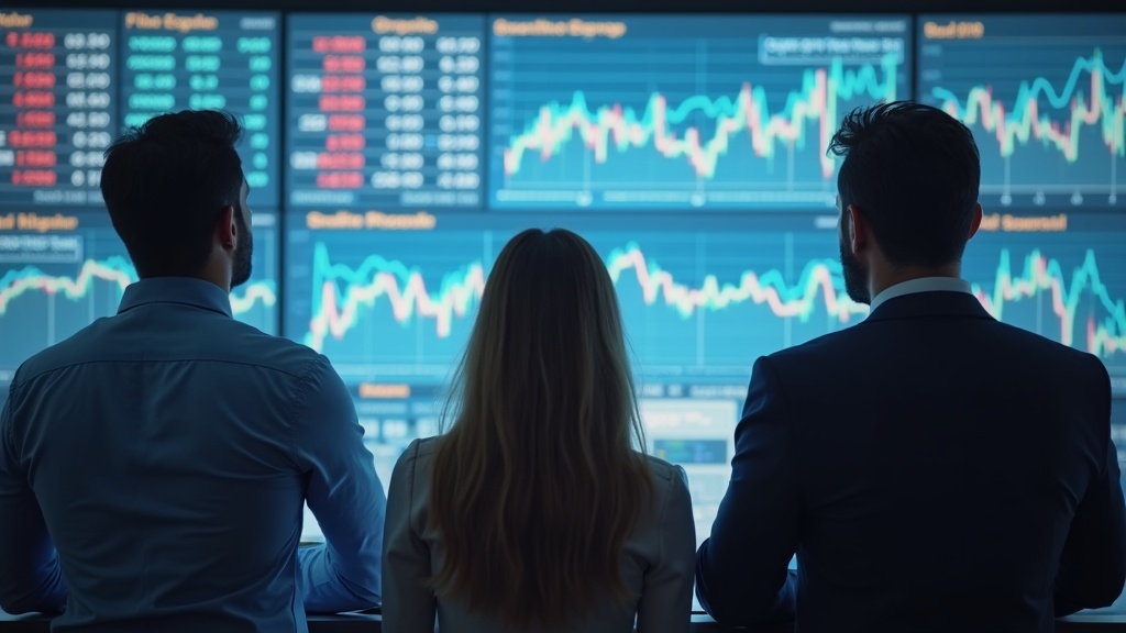 Three diverse investors looking at financial charts, reflecting different investment journeys