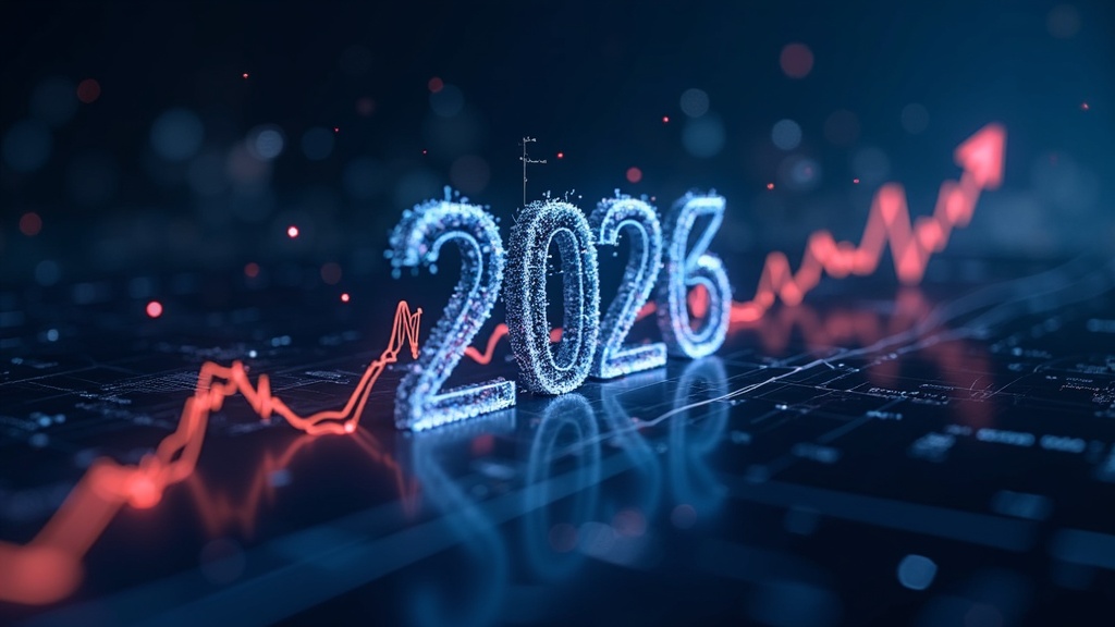 A futuristic calendar showing 2026 with an upward trending graph and KOSDAQ highlighted