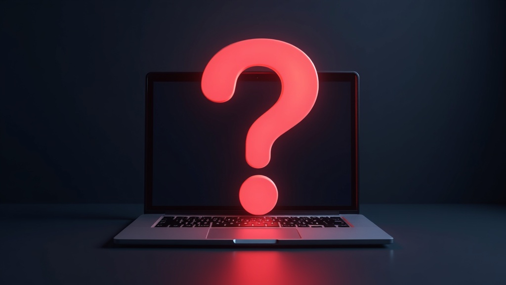 A 3D question mark glowing over a laptop displaying stock metrics