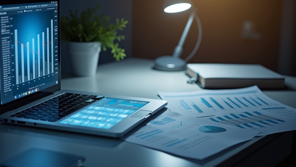 A neatly organized modern desk with financial reports and a glowing tablet